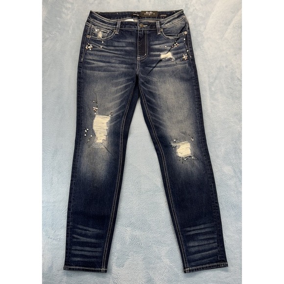 Miss Me Women's Standard Ankle Skinny Jeans 29 Mid-Rise Rhinestones Distress New - Picture 1 of 16
